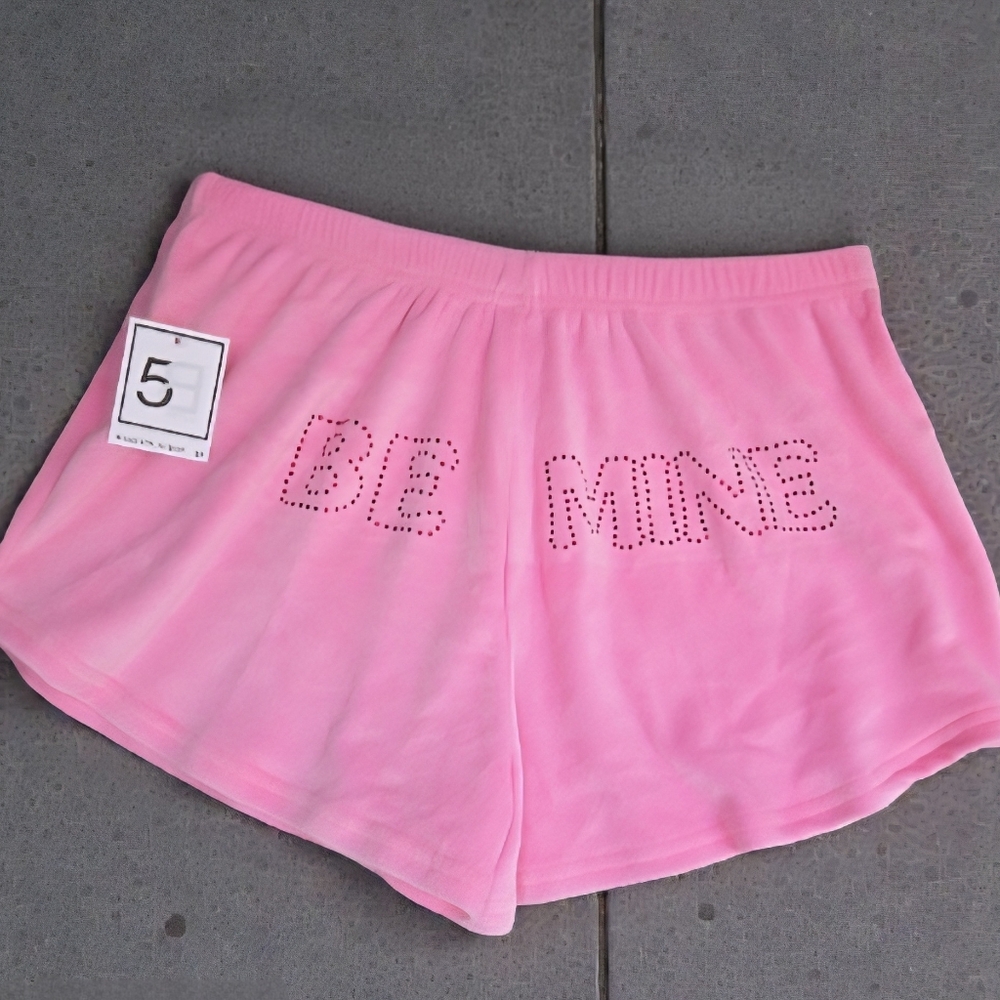 Be Mine Pink Plush Valentine's Day Red Rhinestones Velvet Shorts Loungewear PJ's